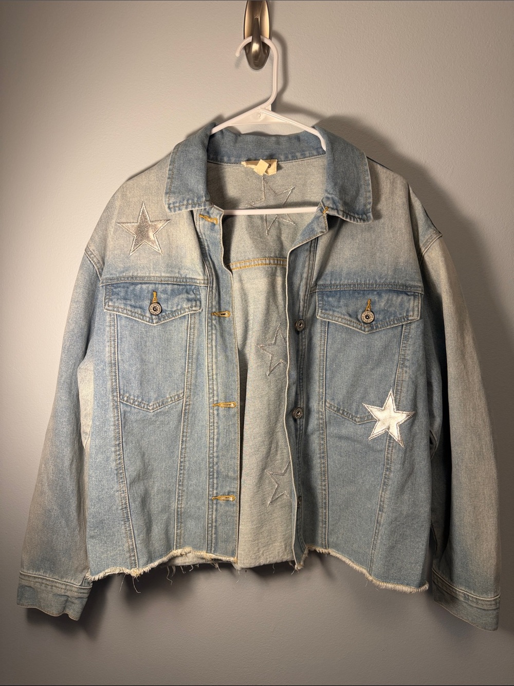 Umgee Light Blue Distressed Denim Jacket with Star Appliqués